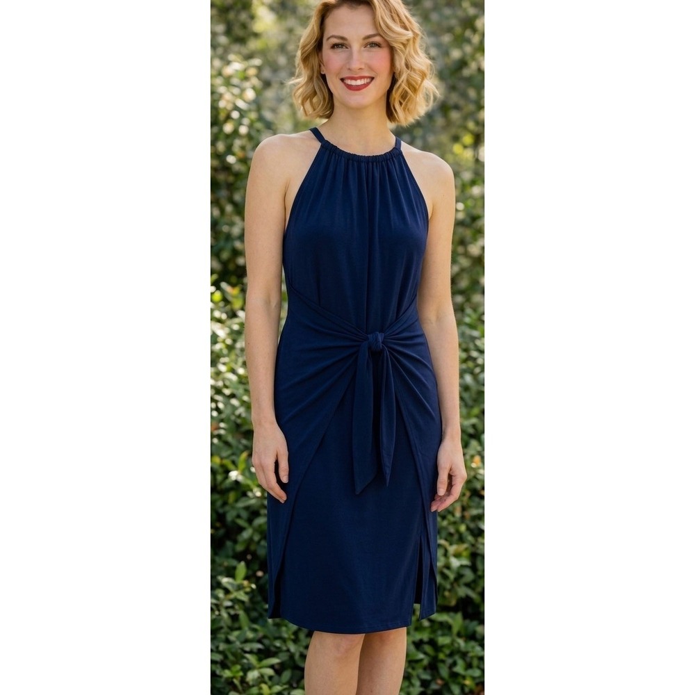 Blue Halter  Dress Wrap Tie 1. State Sleeveless Below Knee Wrap Front Sz L Boho